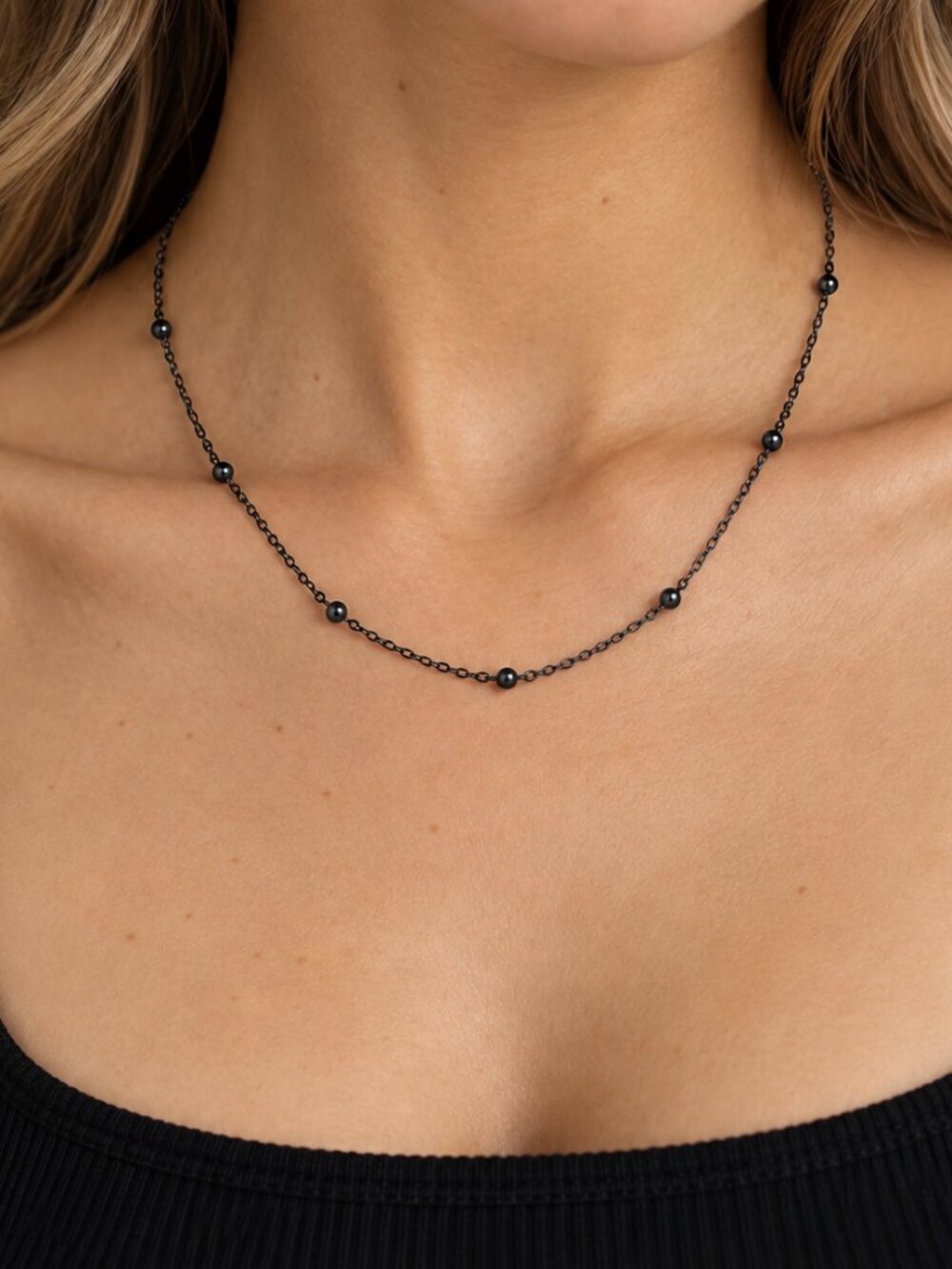 Black Satellite Necklace | Stainless Steel Beaded Chain